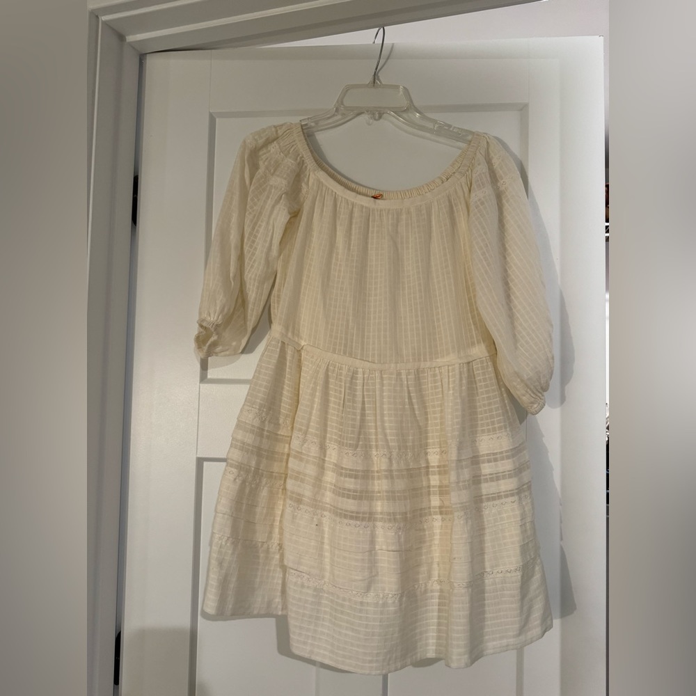 Free People Off-the-Shoulder Tiered Babydoll Tunic/Mini Dress in Cream, Size XS